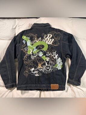 Rocawear Vintage Y2K Dark Black Denim Embroidered Jean Jacket Retro Rare Boxy